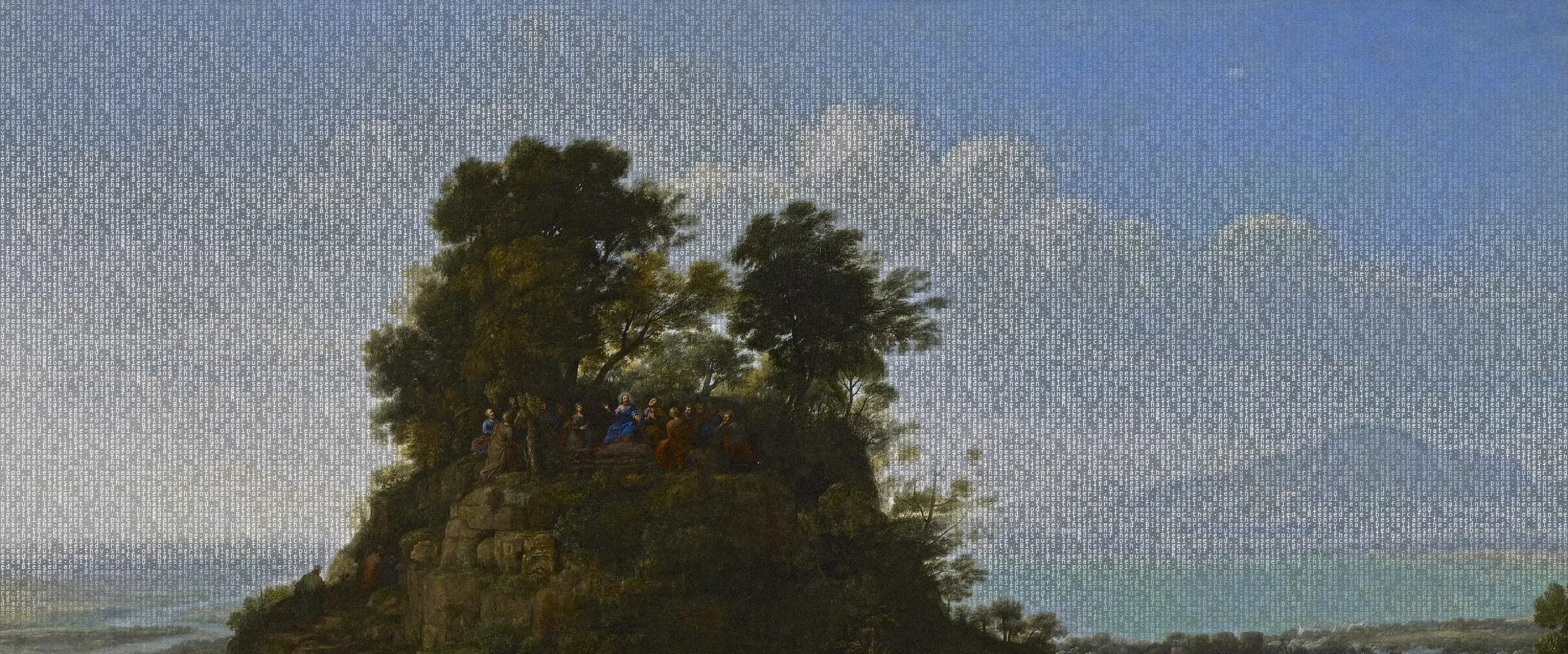 Claude Lorrain's Sermon on the Mount. Move across it and the painting shows a sample sermon outline drawn from Matthew 5:3–9: passage, big idea, three timed movements, a drift watch and an application.