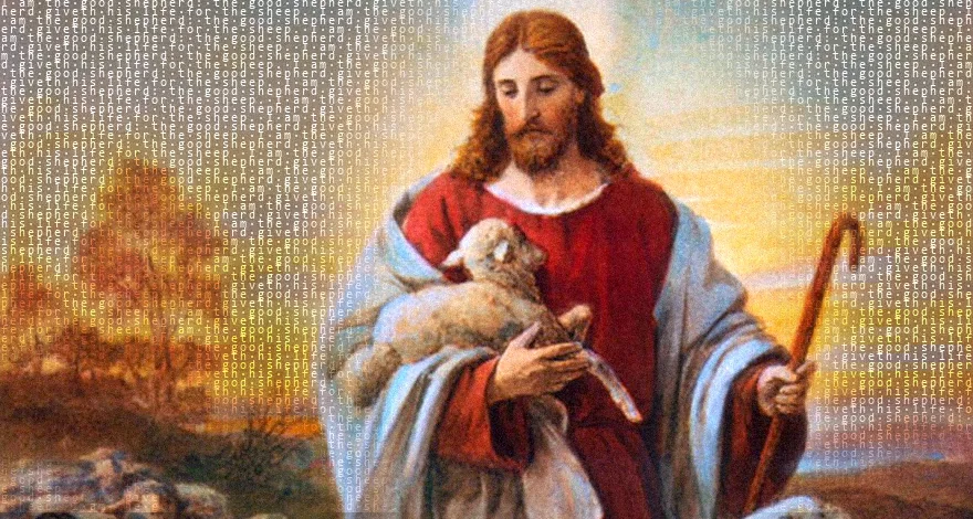 The Good Shepherd carrying a lamb, woven with John 10:11