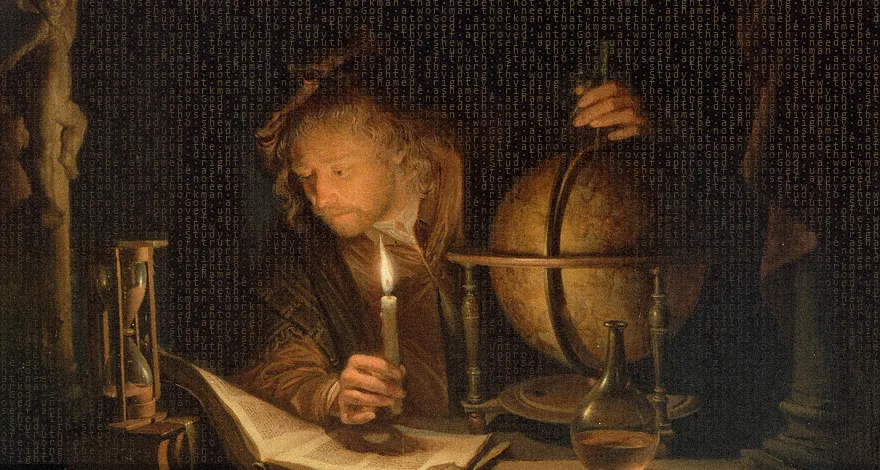 A scholar studying by candlelight, woven with 2 Timothy 2:15